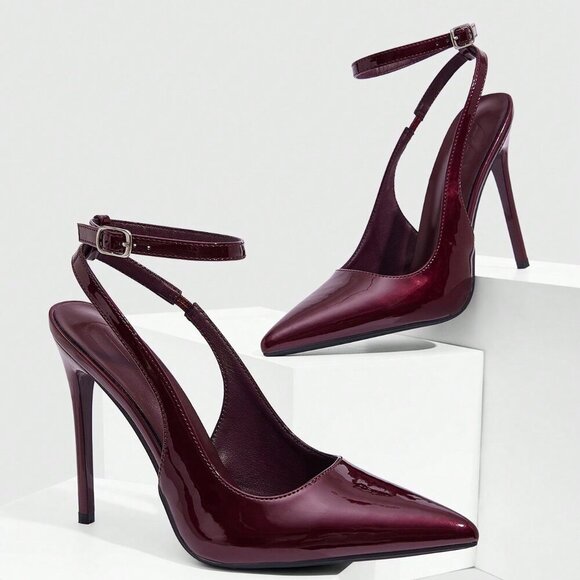 Burgundy Sexy Women's Pointed Toe Stiletto High Heel Ankle Strap Backless Pumps - Picture 6 of 10